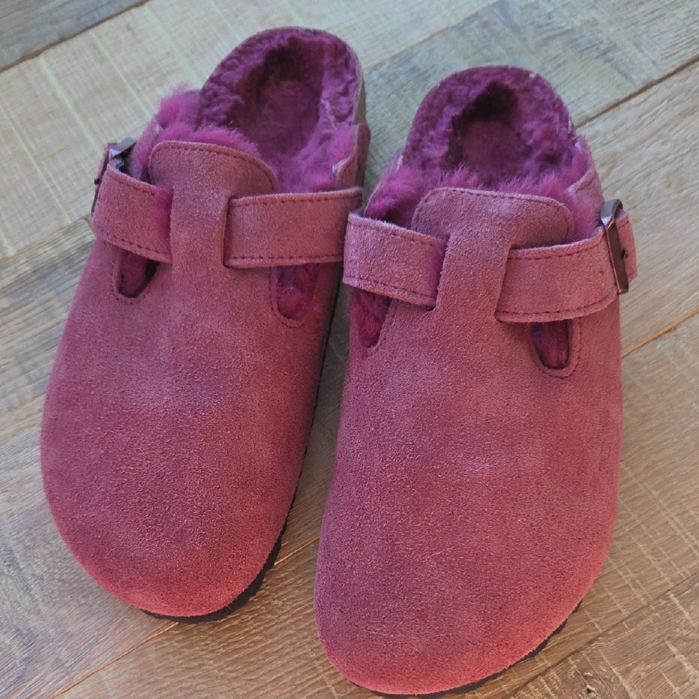 Birkenstock Women's Suede Shearling Clogs In Maroon